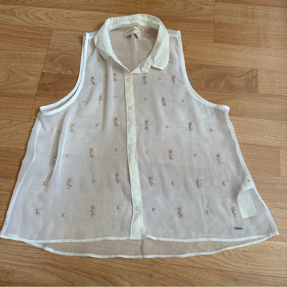 Abercrombie White Flowy Sheer Collared Tank with Beading